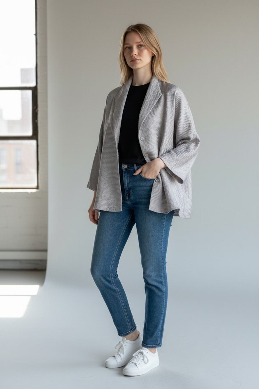 A5 Auth EILEEN FISHER Gray Silk Button Front Wide Lapel Collar Jacket Sz S